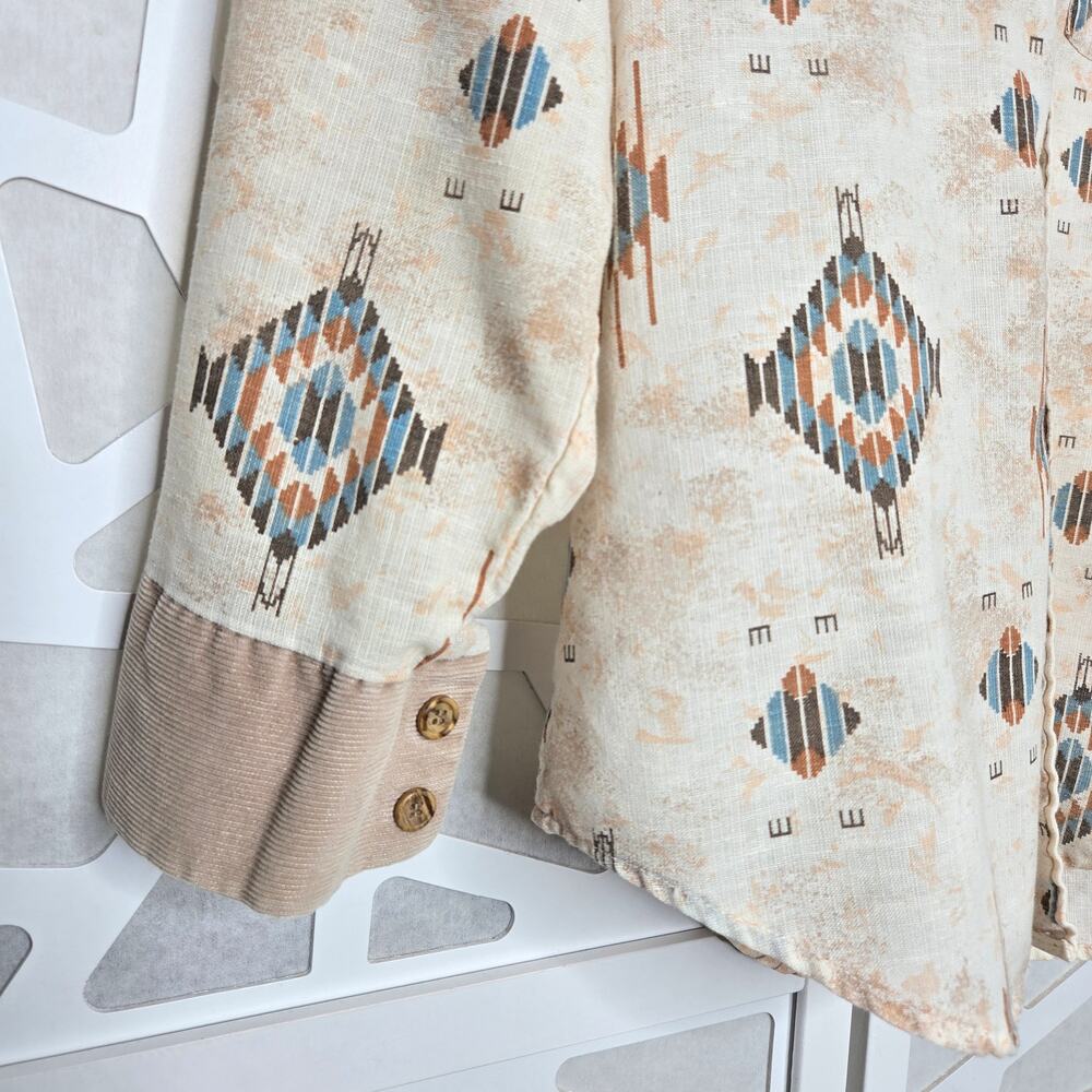 VINTAGE Lazy H Cream Corduroy Aztec Long Sleeve Button Down Shirt Mens SZ SM - Picture 2 of 6
